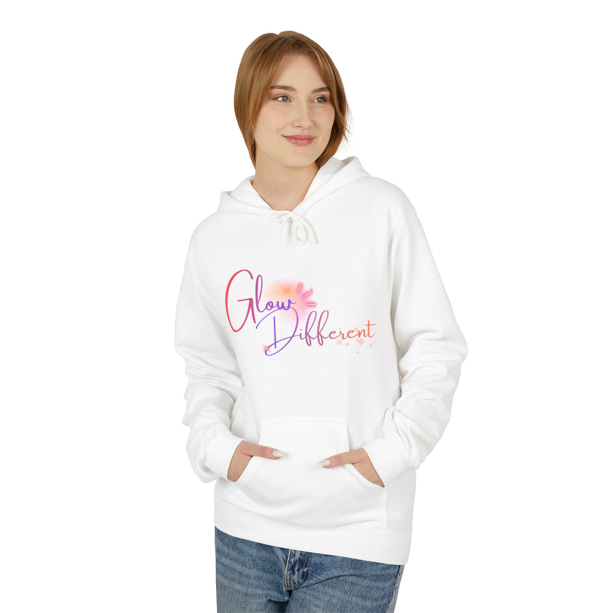 Glow Different Hoodie — Pastel Brush Script Inspirational Pullover