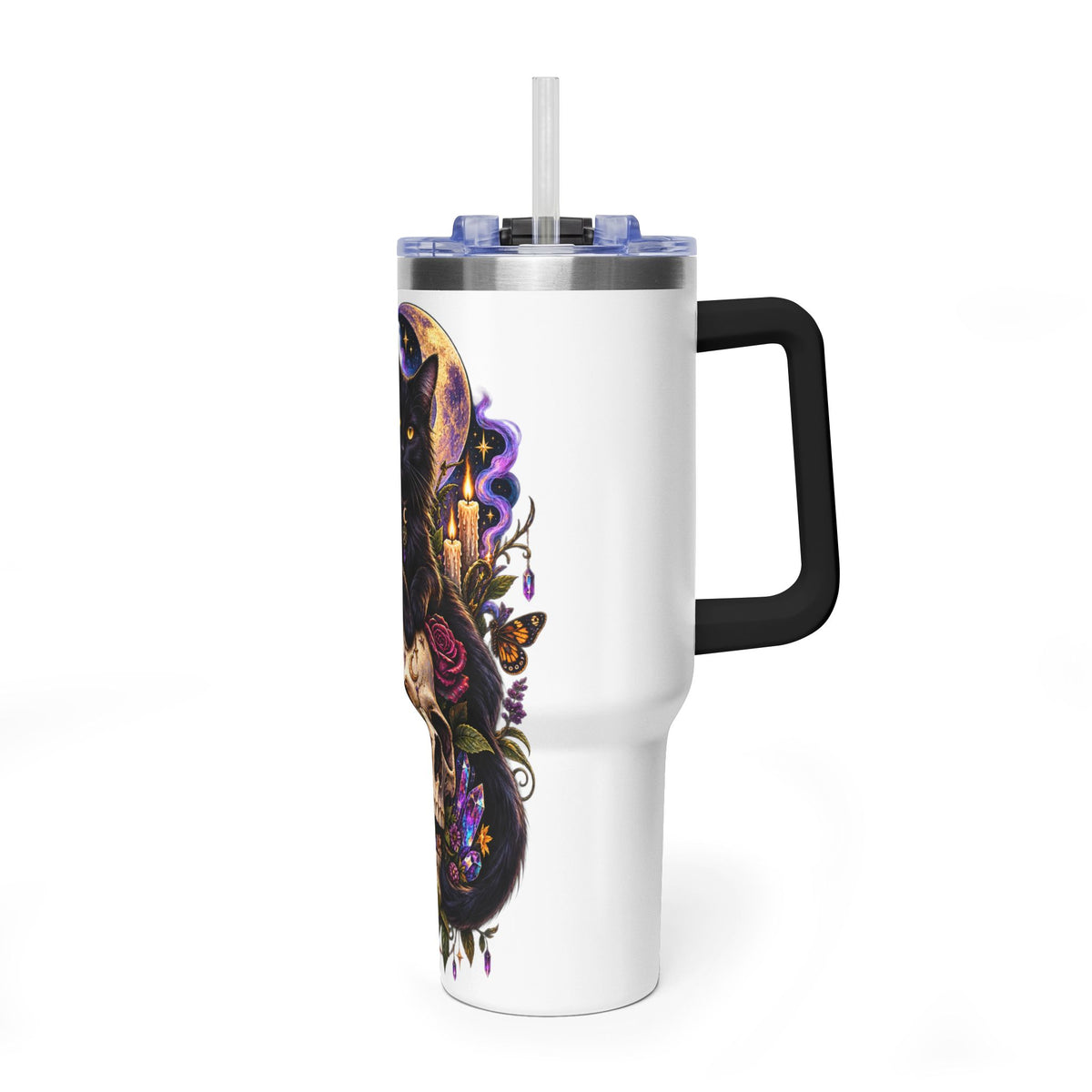 40oz Cat & Skull Thermal Tumbler – Gothic Floral Insulated Travel Mug