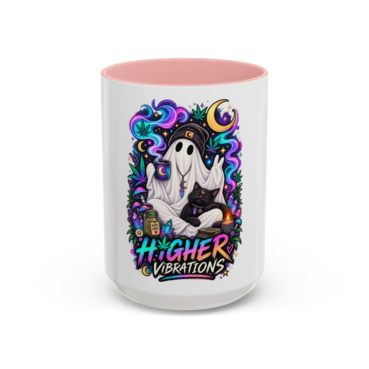 Higher Vibrations Coffee Mug — Cute Ghost & Cat Accent Mug (11/15 oz)