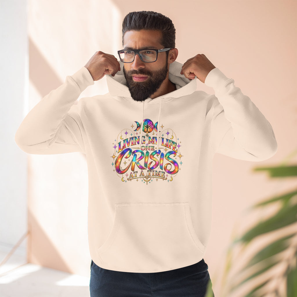 Hoodie — "Living My Best One Crisis At A Time" Colorful Retro Graphic