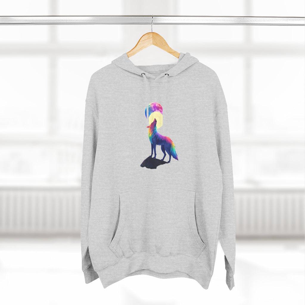 Rainbow Wolf Silhouette Hoodie | Colorful Moon Graphic