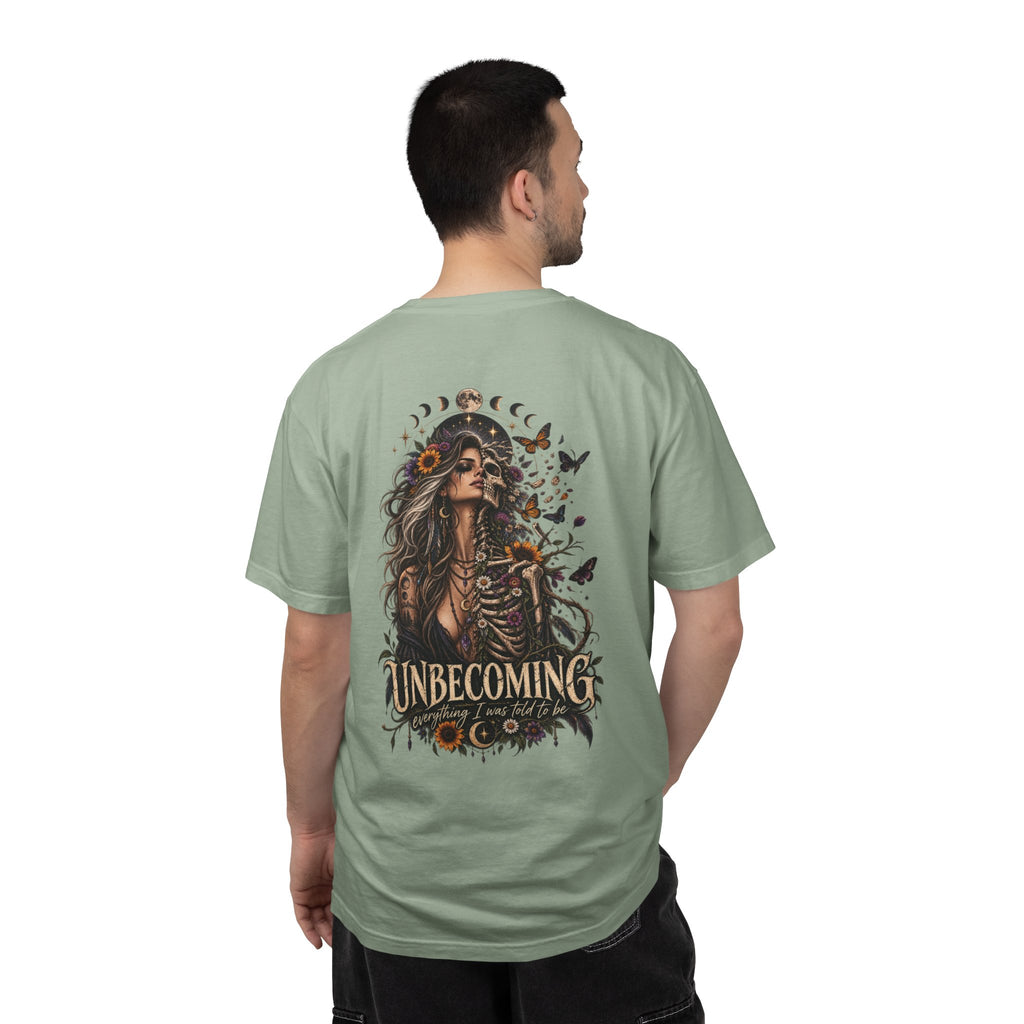 Unbecoming Gothic Moon T‑Shirt — Witchy Skeleton Art Tee