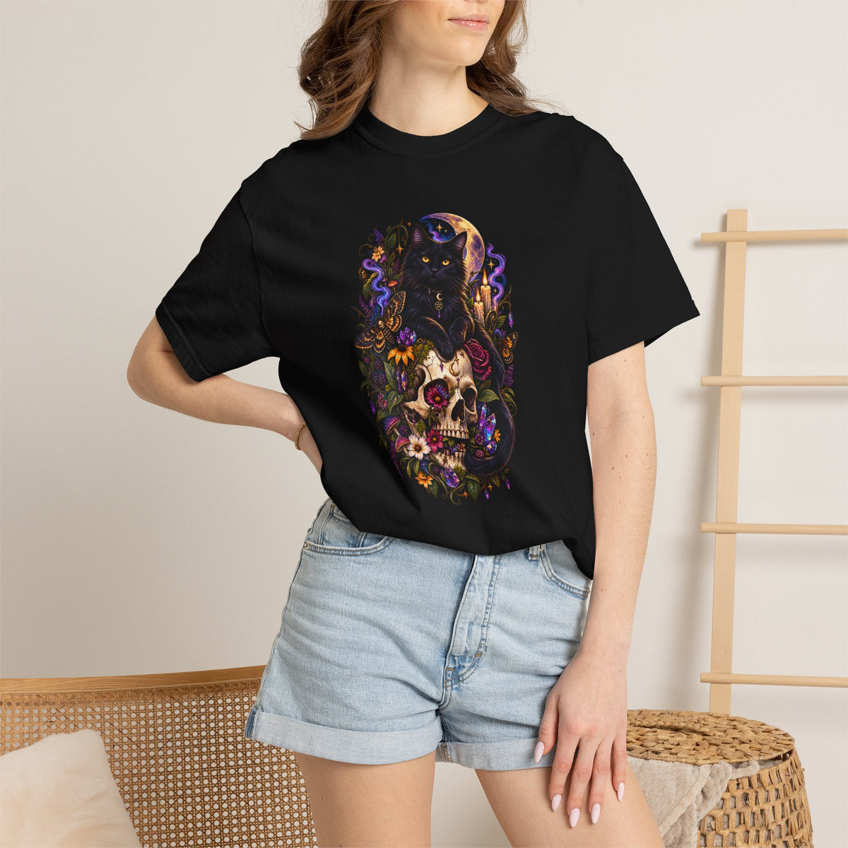 Skull & Black Cat Gothic T-Shirt — Dark Floral Day of the Dead Style