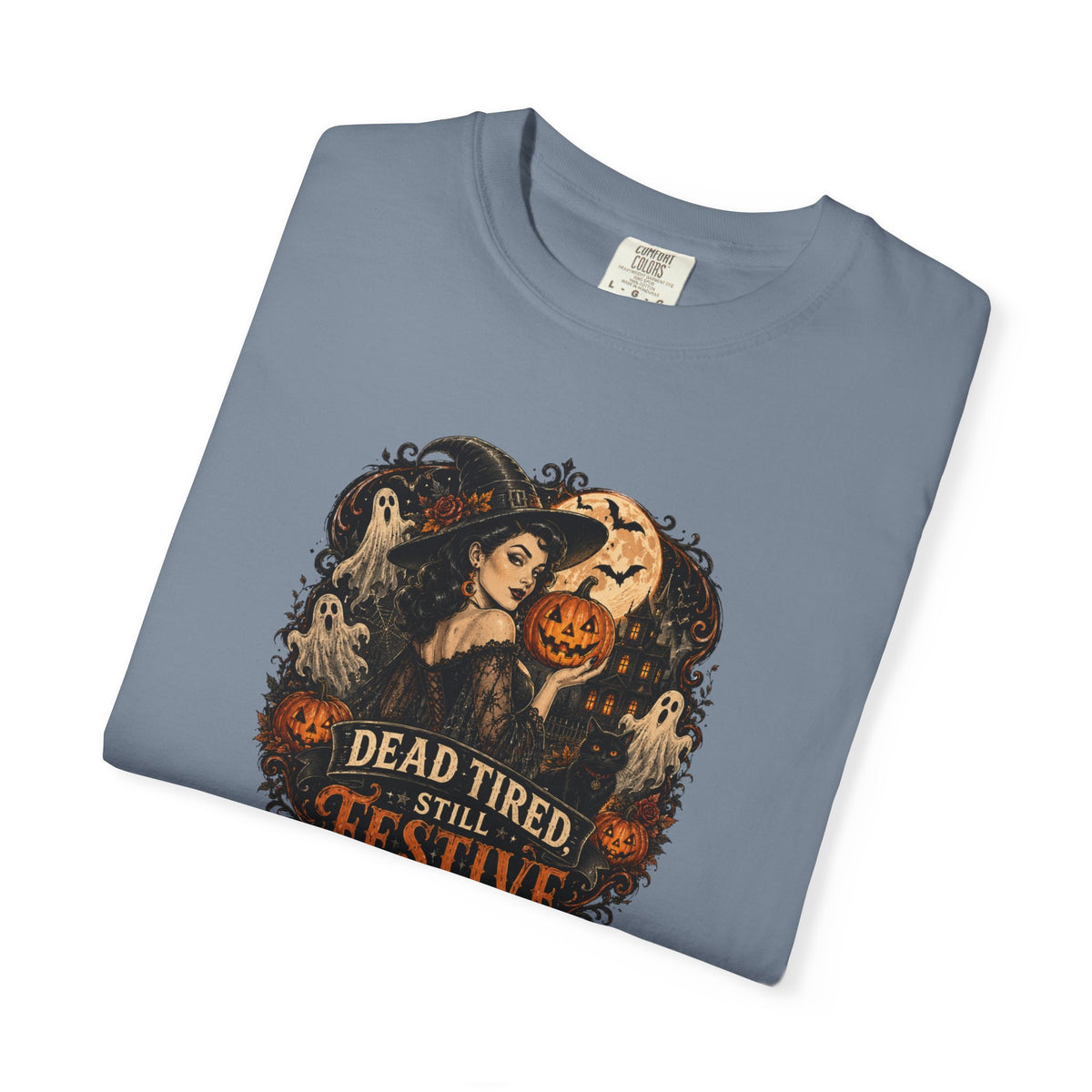 Halloween Graphic T-Shirt — "Dead Tired but Festive" Vintage Horror Pumpkin Tee