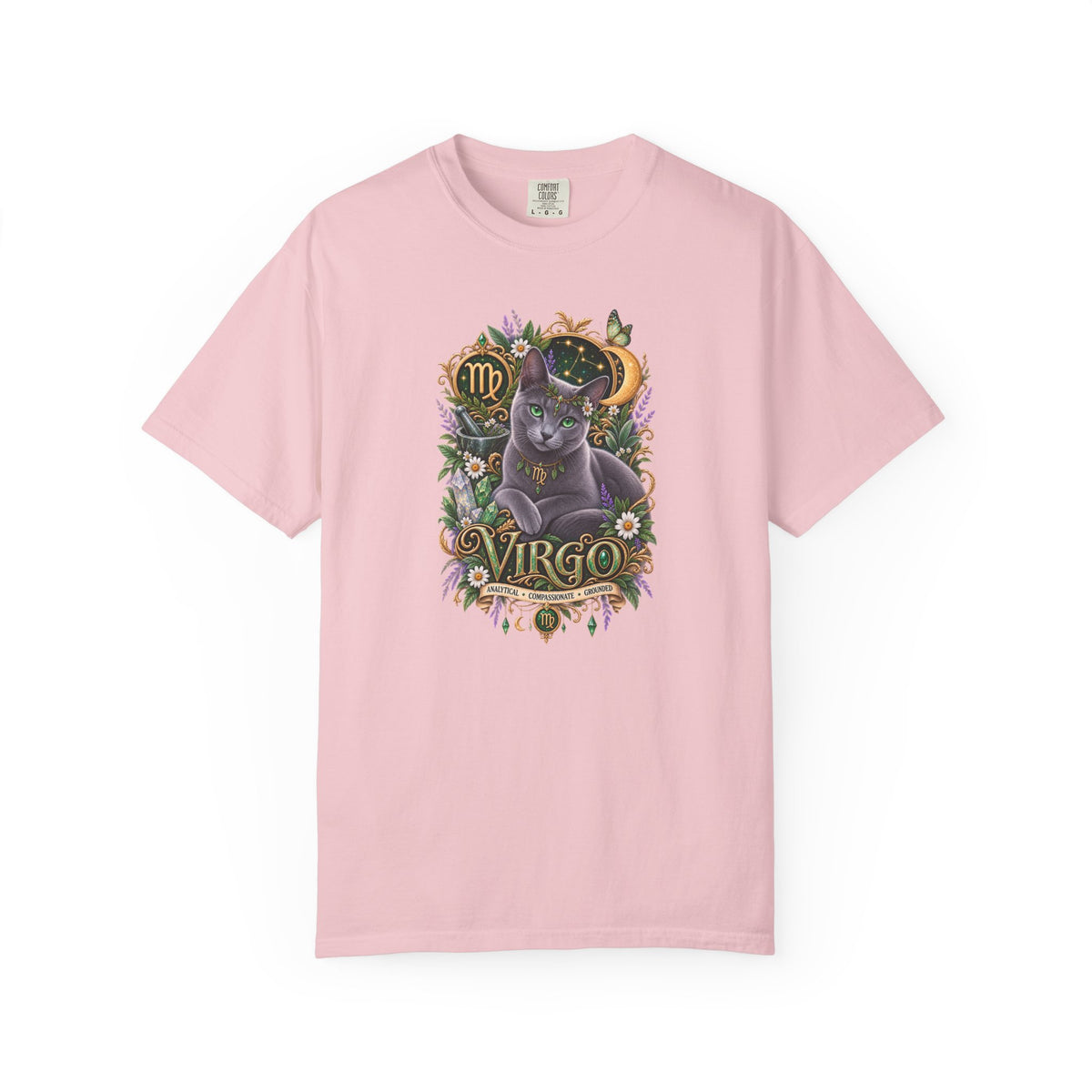 Virgo Cat Zodiac T-Shirt — Virgo Astrology Tee with Russian Blue & Floral Design