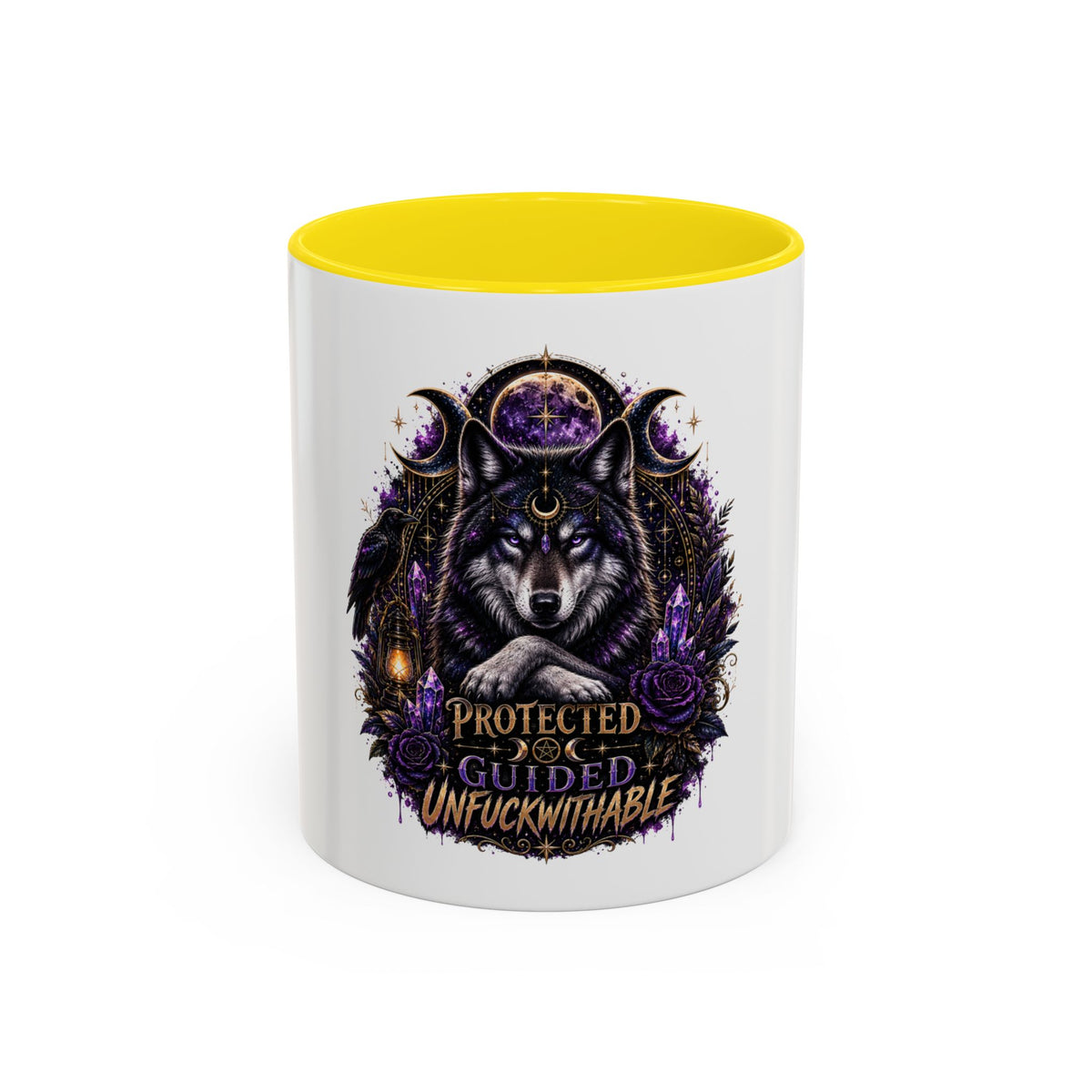 Protected, Guided & Unfuckwithable Wolf Coffee Mug — Spiritual Mystic Accent Mug (11/15oz)