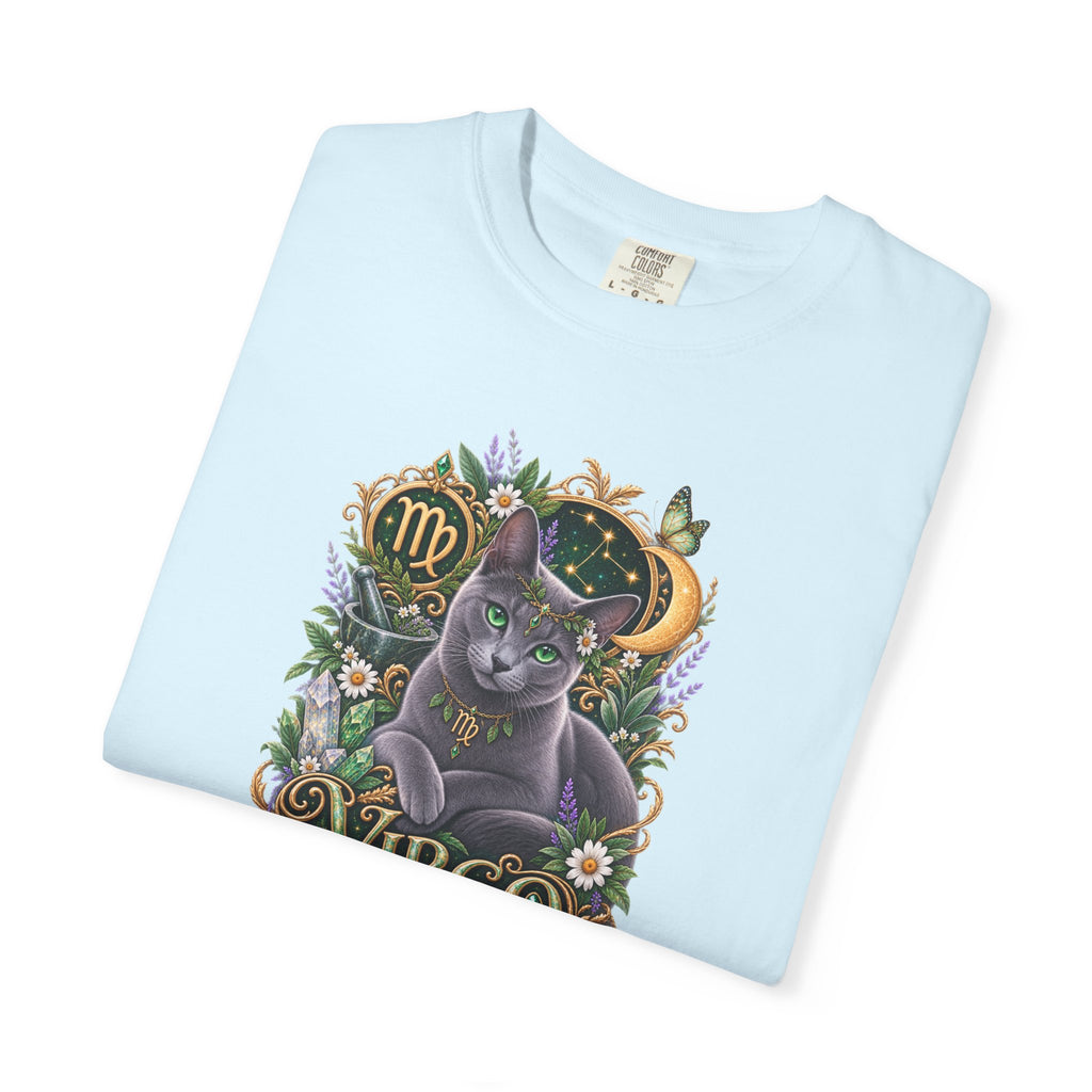 Virgo Cat Zodiac T-Shirt — Virgo Astrology Tee with Russian Blue & Floral Design