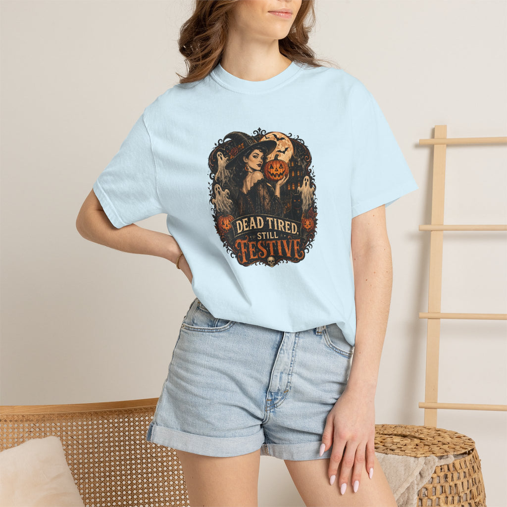 Halloween Graphic T-Shirt — "Dead Tired but Festive" Vintage Horror Pumpkin Tee