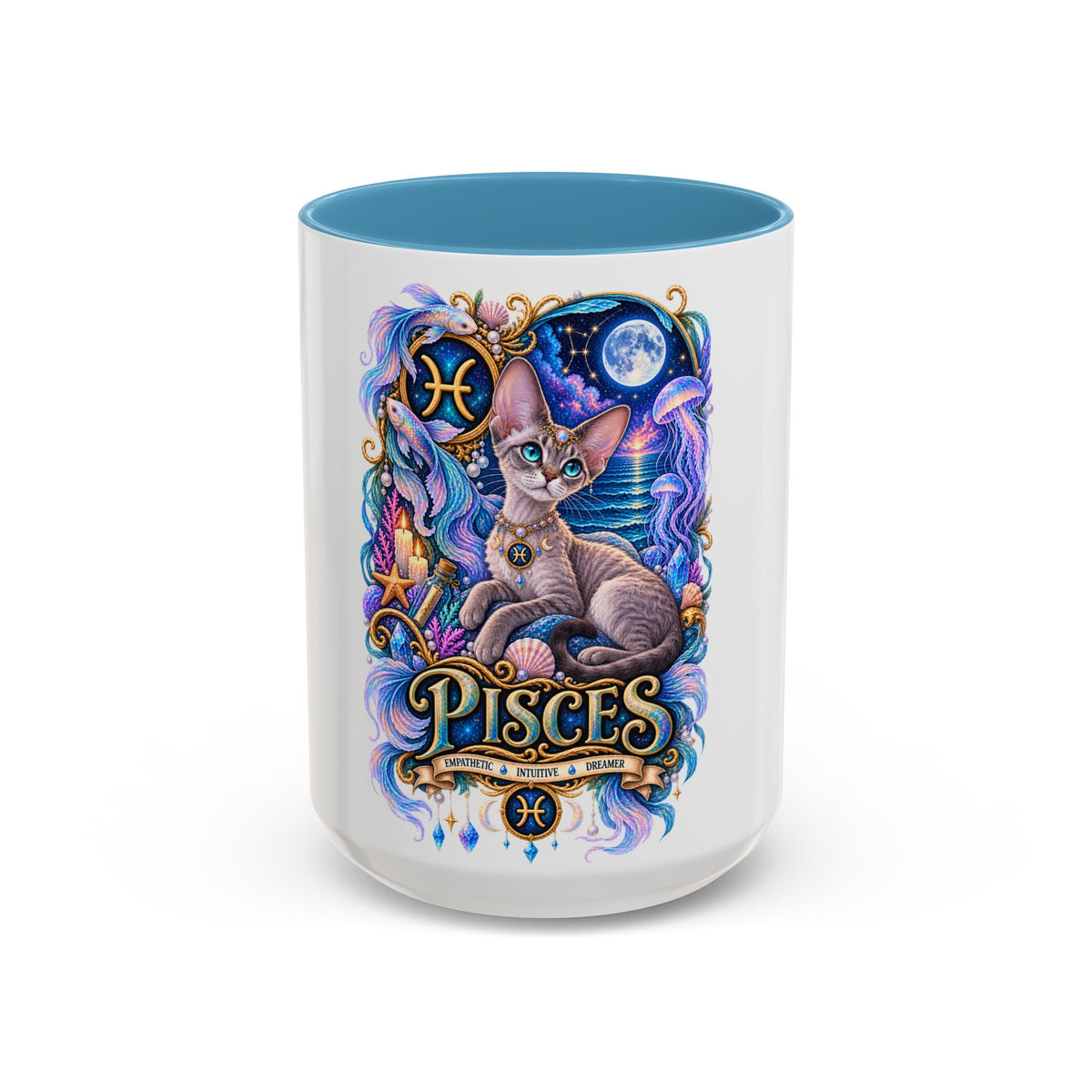 Pisces Devon Rex Cat Accent Coffee Mug — Zodiac Astrology Ceramic Mug (11/15oz)