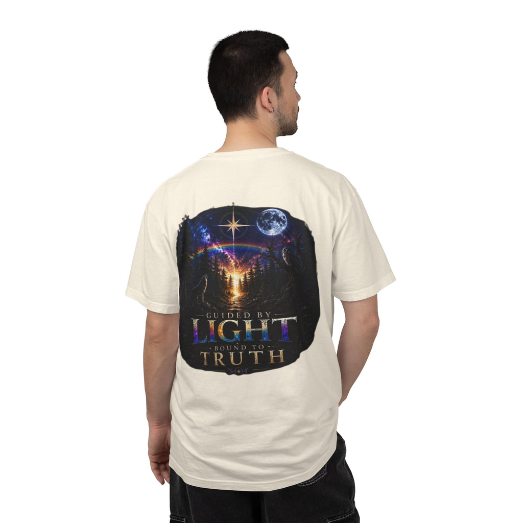 T-Shirt — "Guided by Light, Bound to Truth" Cosmic Forest Graphic