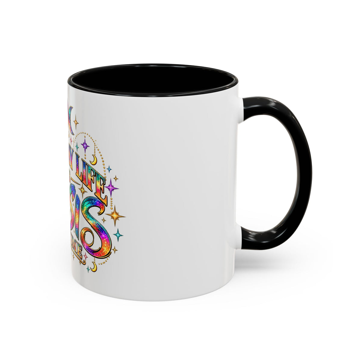 Coffee Mug — "Living My Life One Crisis at a Time" Colorful Boho Accent Mug (11/15oz)