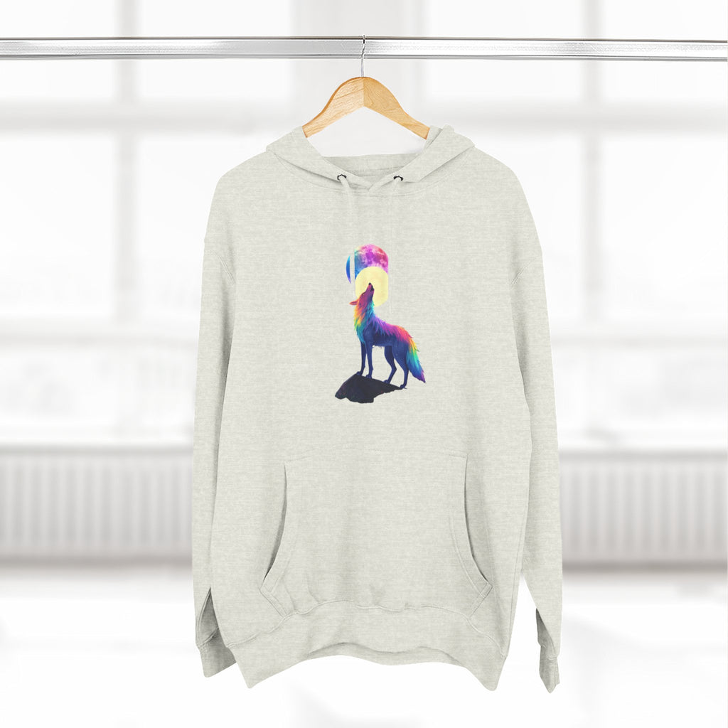 Rainbow Wolf Silhouette Hoodie | Colorful Moon Graphic