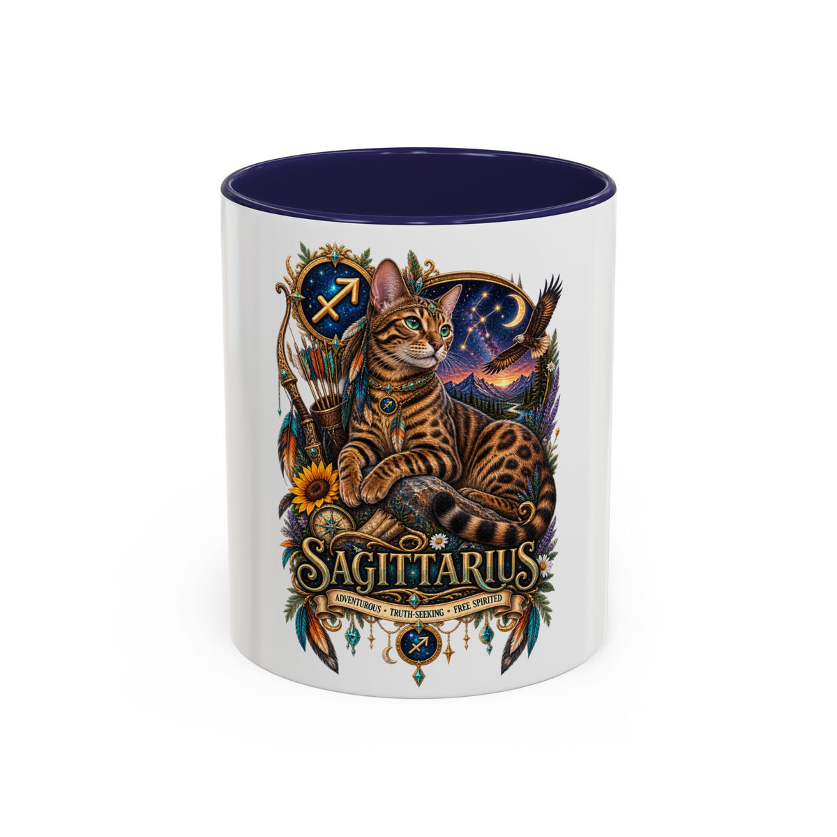 Sagittarius Bengal Cat Zodiac Coffee Mug — Cat Archer Astrology Accent Mug (11/15oz)