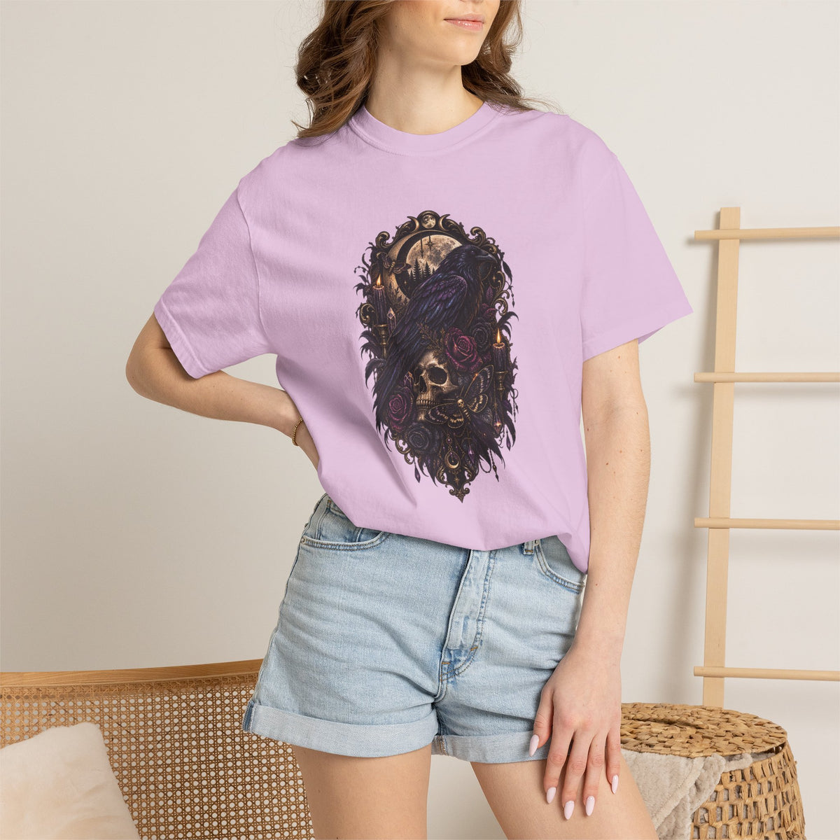 Skull & Crow Graphic Tee — Gothic Vintage Skull with Raven Design