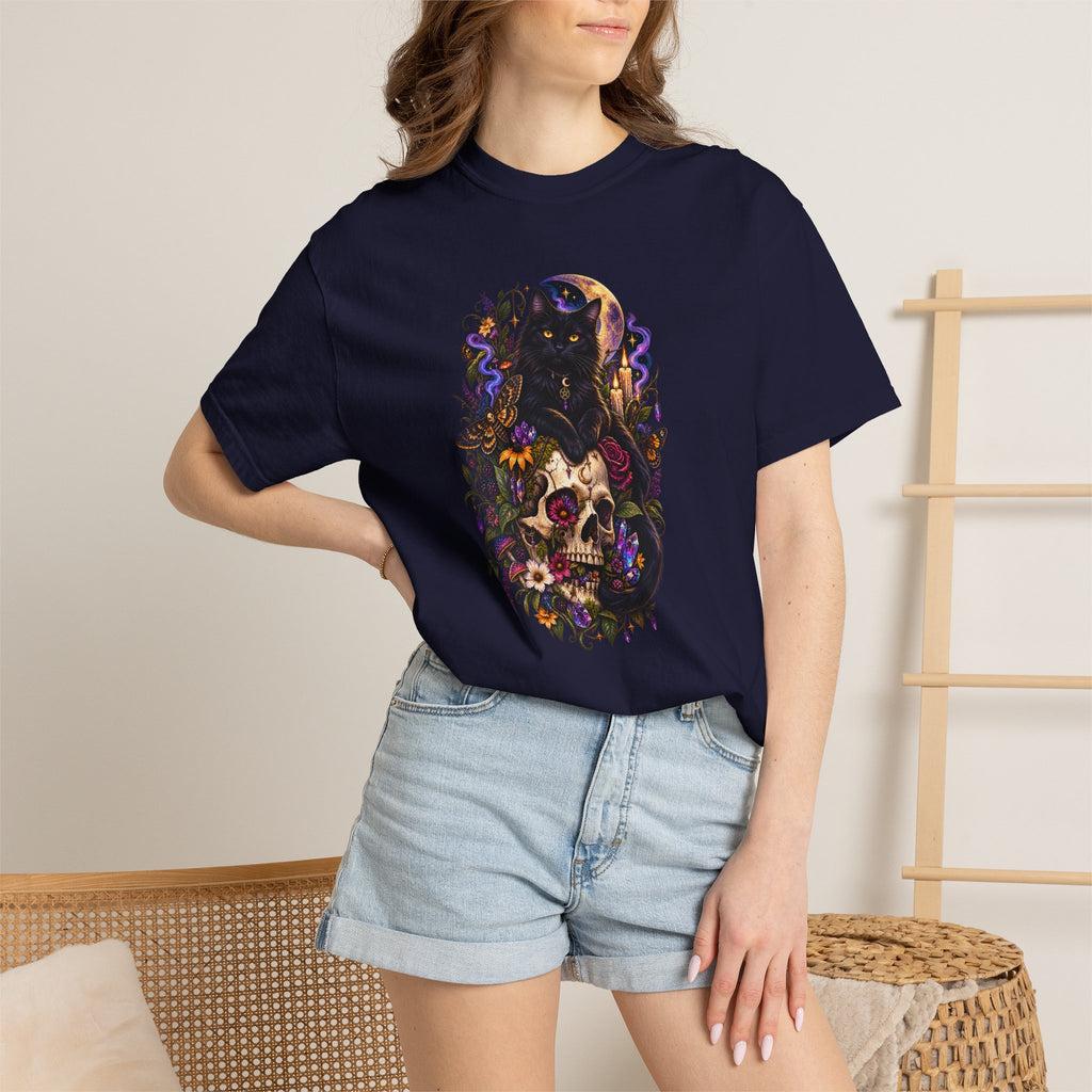 Skull & Black Cat Gothic T-Shirt — Dark Floral Day of the Dead Style