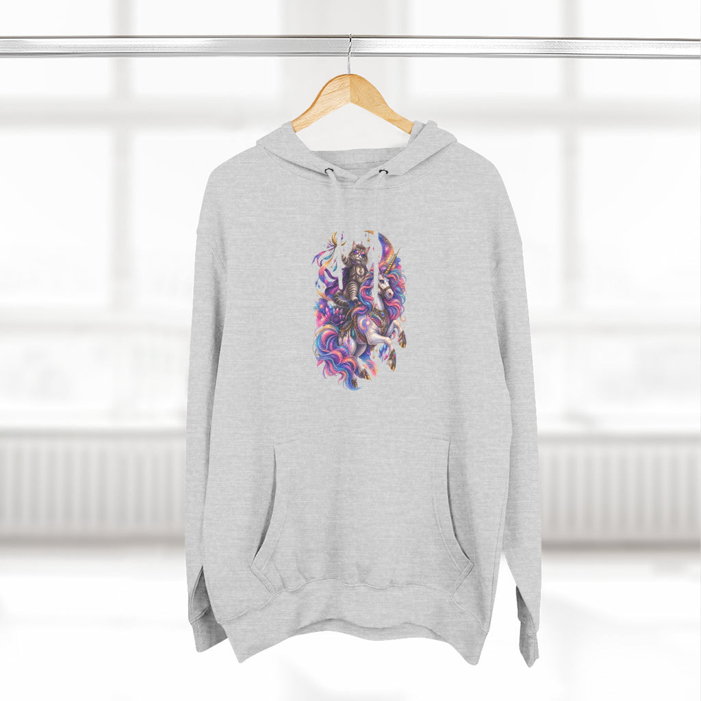 Colorful Cosmic Cat Riding a Unicorn — Vibrant Nebula Graphic Pullover