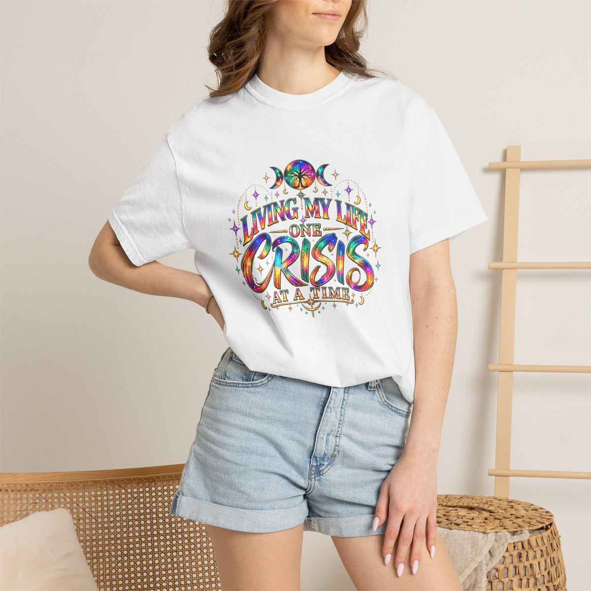 Graphic T-Shirt — "Living My Life One Crisis at a Time" Colorful Retro Tee