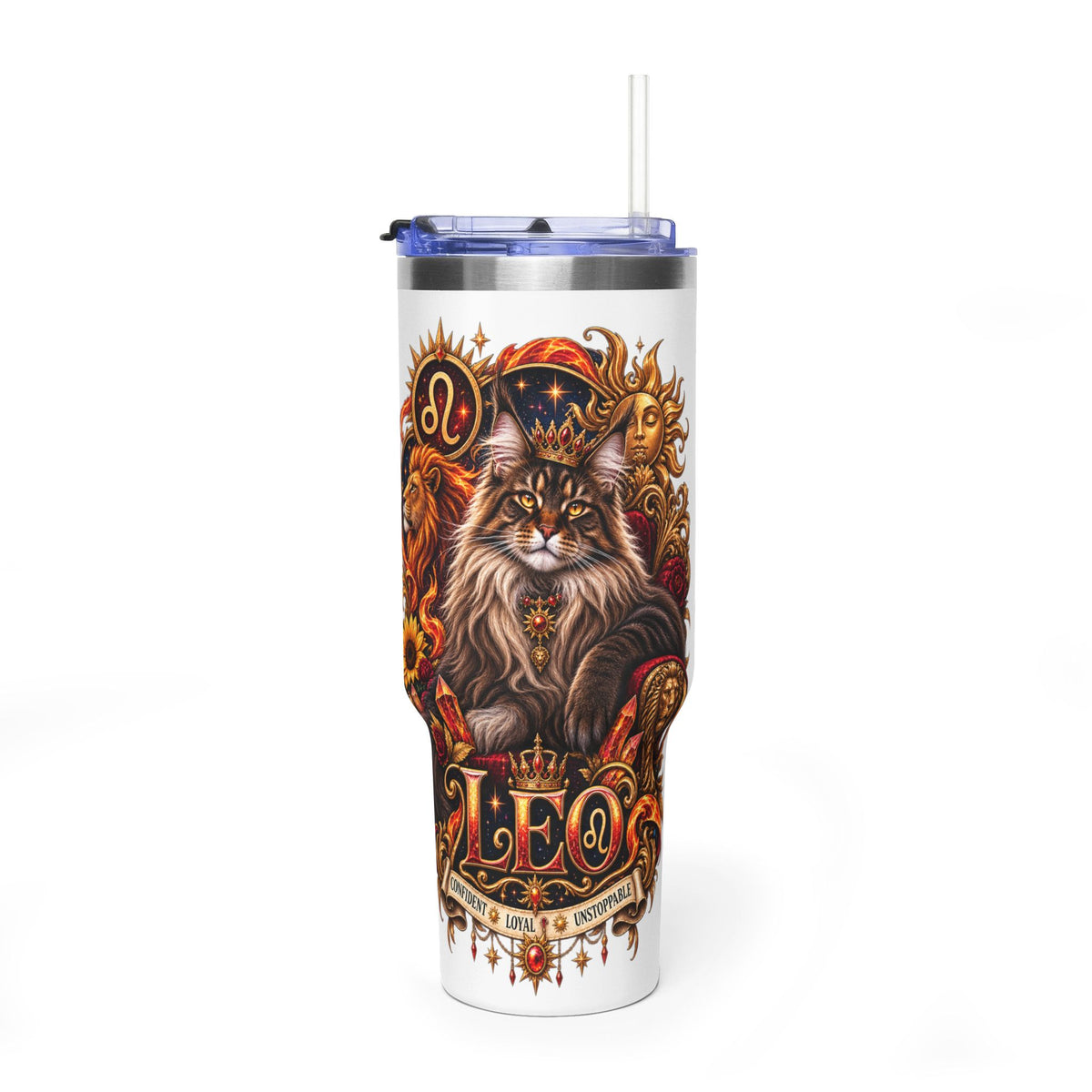 Leo Zodiac 40oz Vacuum Tumbler – Maine Coon Cat Astrology Travel Mug