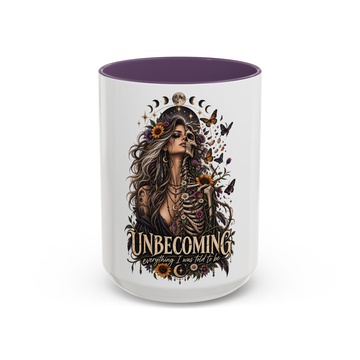 Unbecoming Empowerment Coffee Mug — Sunflowers Woman Skeleton & Moon Phases 11/15oz Accent Mug