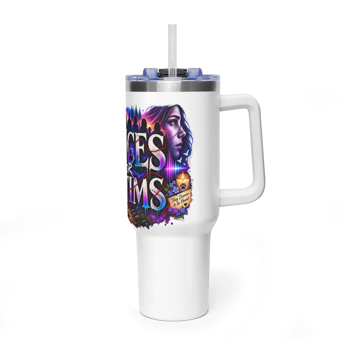 40oz Vacuum Tumbler - "Voices for Victims" Purple Feather Design