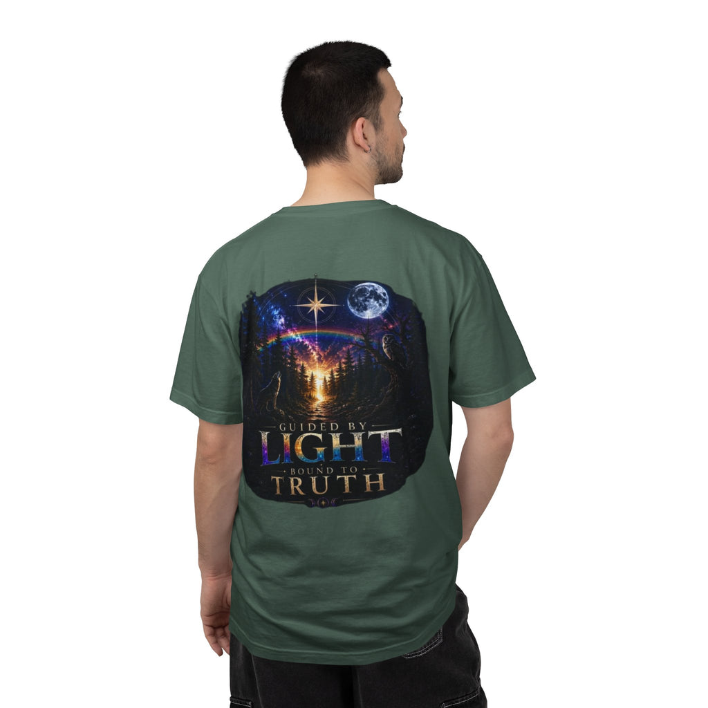 T-Shirt — "Guided by Light, Bound to Truth" Cosmic Forest Graphic