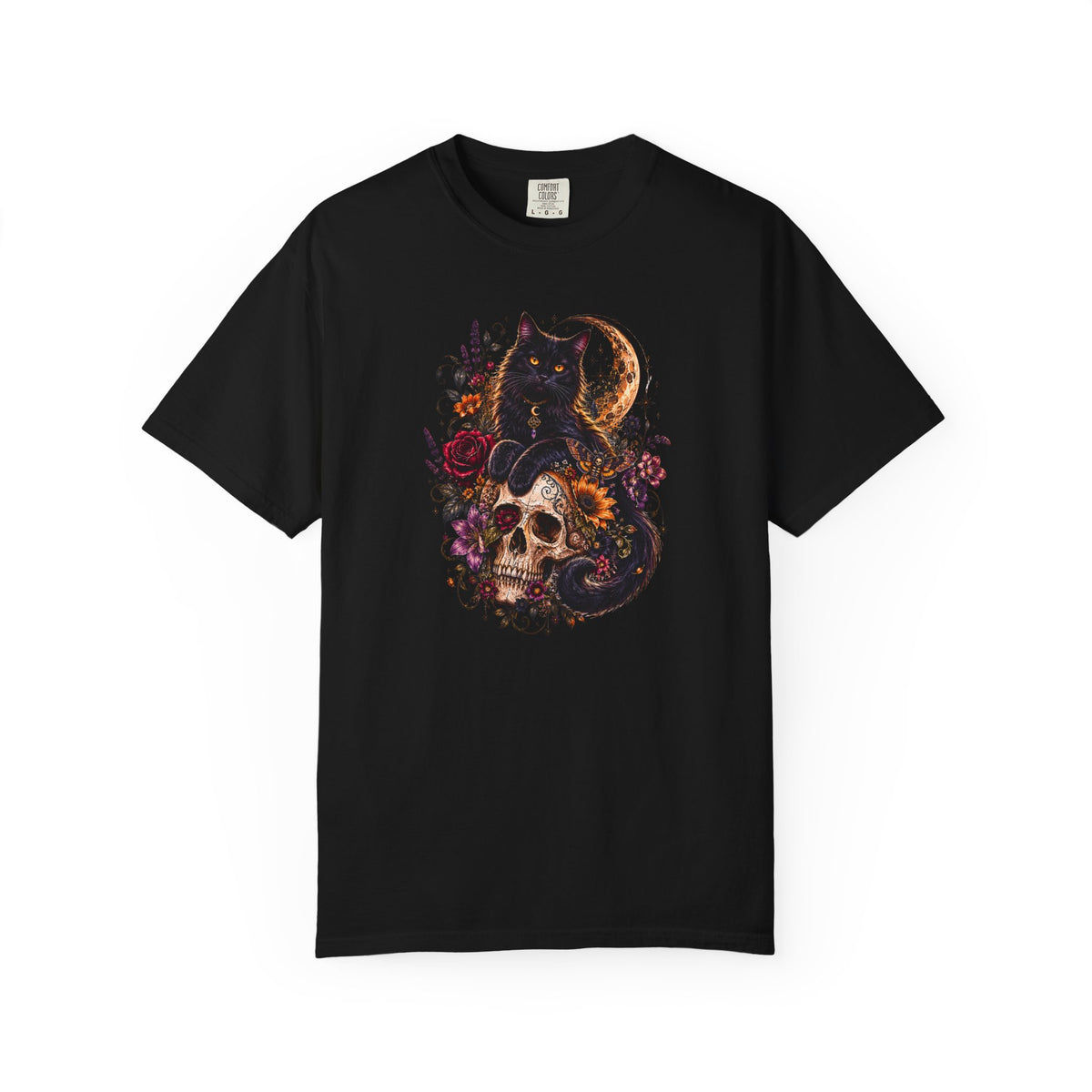 Cat & Skull Gothic T-Shirt — Black Cat Moon Floral Graphic Tee