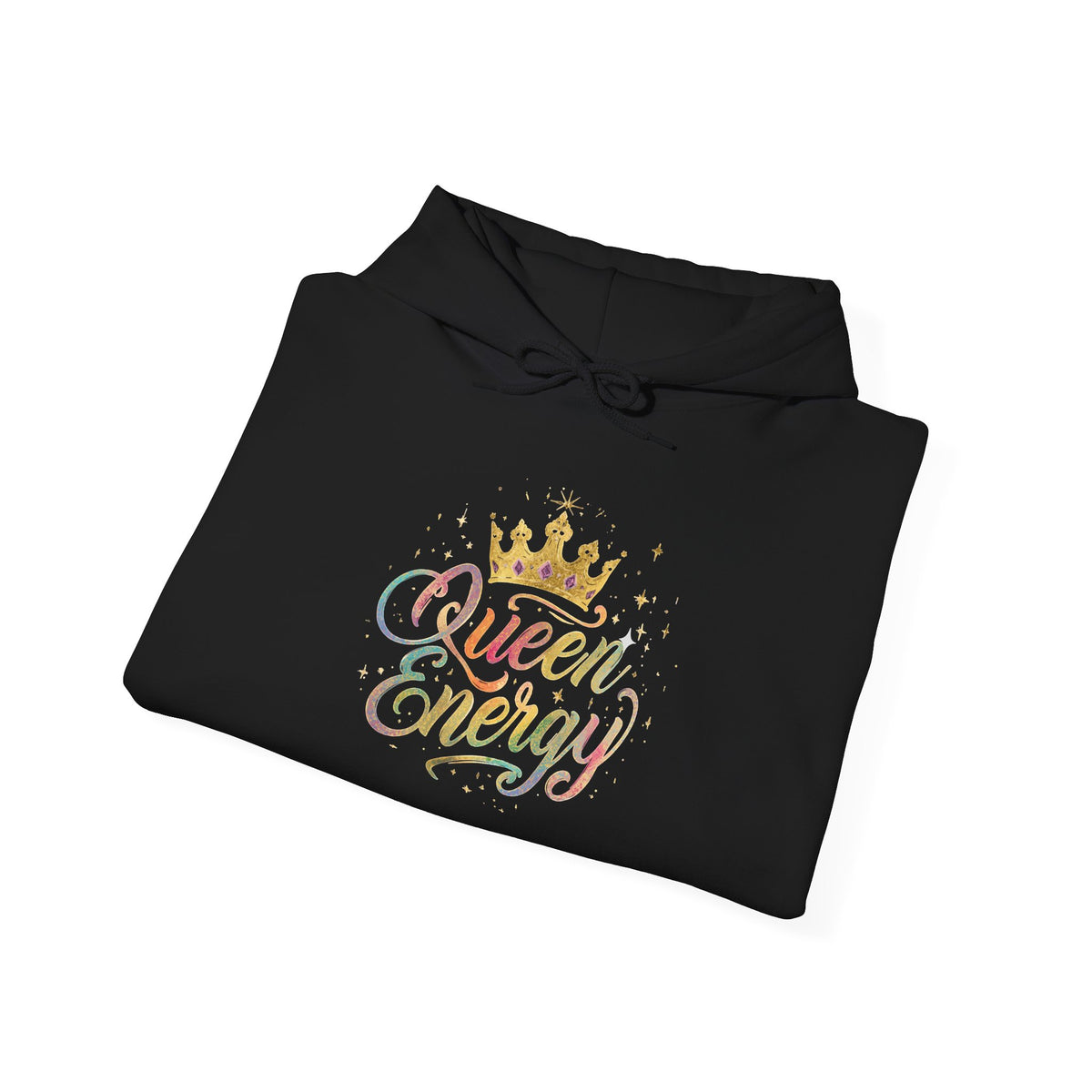 Queen Energy Hoodie — Feminine Crown Graphic Pullover with Star Sleeve Accents