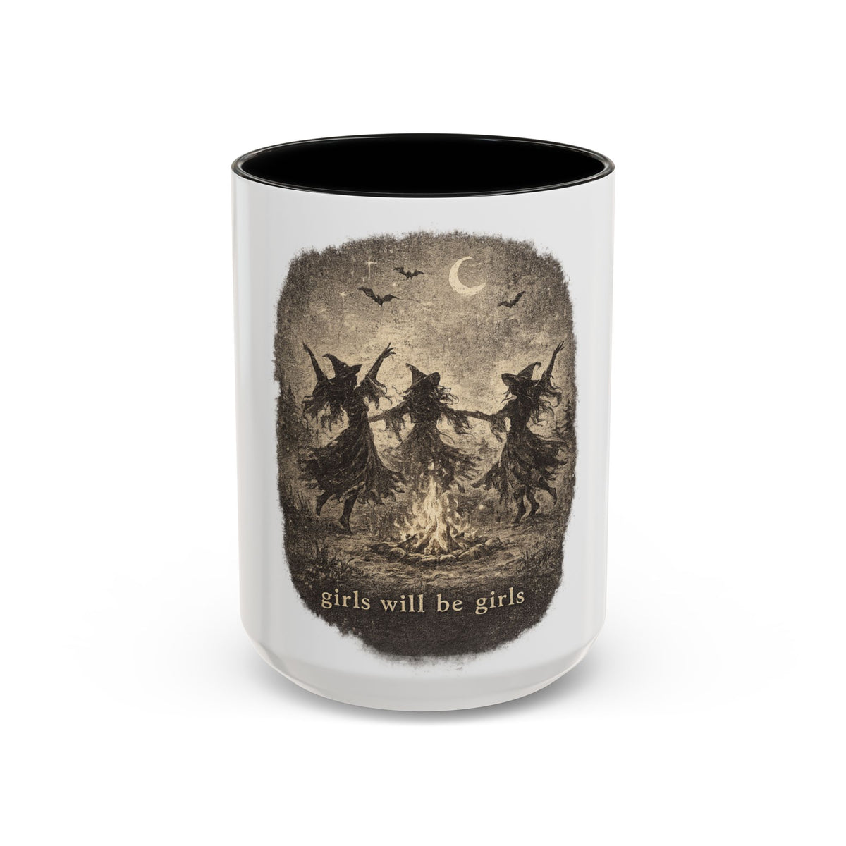 Witch Circle Coffee Mug — "Girls Will Be Girls" Vintage Halloween Accent Mug