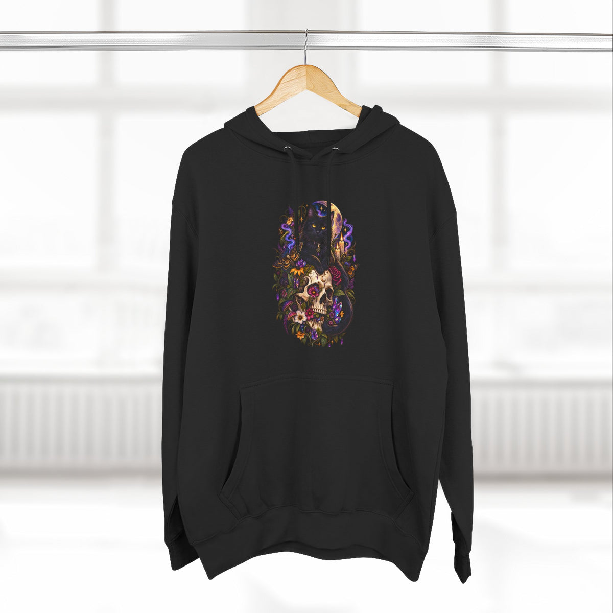 Skull Black Cat Hoodie — Romantic Gothic Floral Skull Graphic Fleece Pullover
