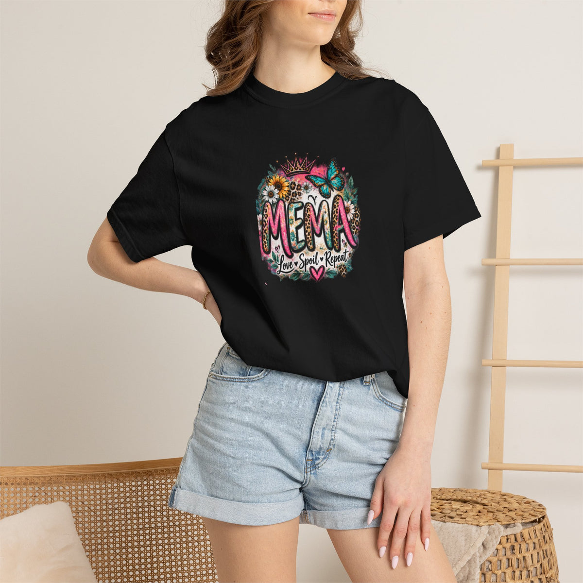 MEMA Floral Crown Tee — Cute Grandma Shirt with Butterfly & Heart Design