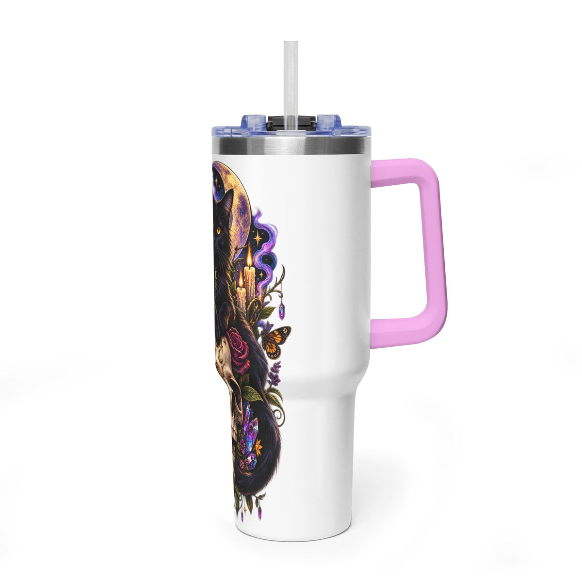 40oz Cat & Skull Thermal Tumbler – Gothic Floral Insulated Travel Mug