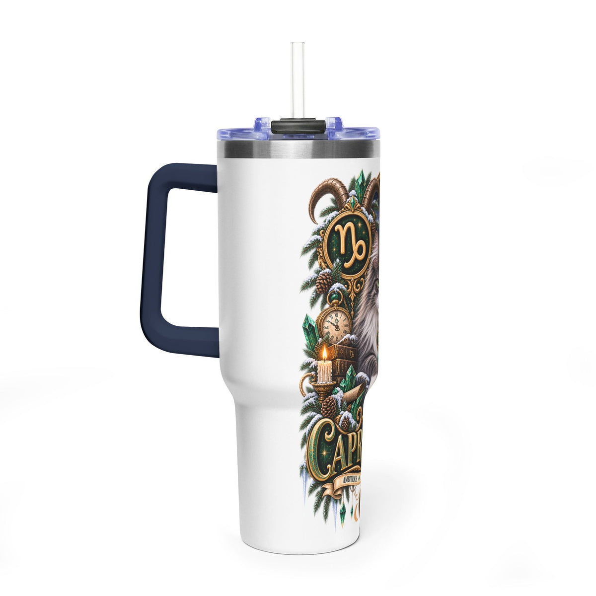 Capricorn Norwegian Forest Cat 40oz Vacuum Tumbler — Zodiac Travel Mug with Handle