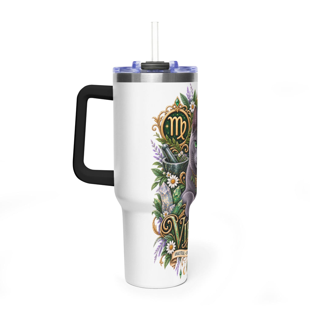 Virgo Cat 40oz Thermal Tumbler — Russian Blue Zodiac Astrology Travel Mug