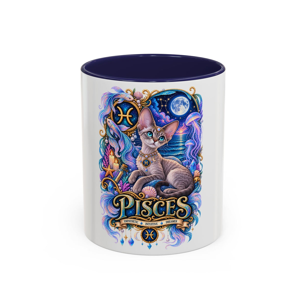 Pisces Devon Rex Cat Accent Coffee Mug — Zodiac Astrology Ceramic Mug (11/15oz)