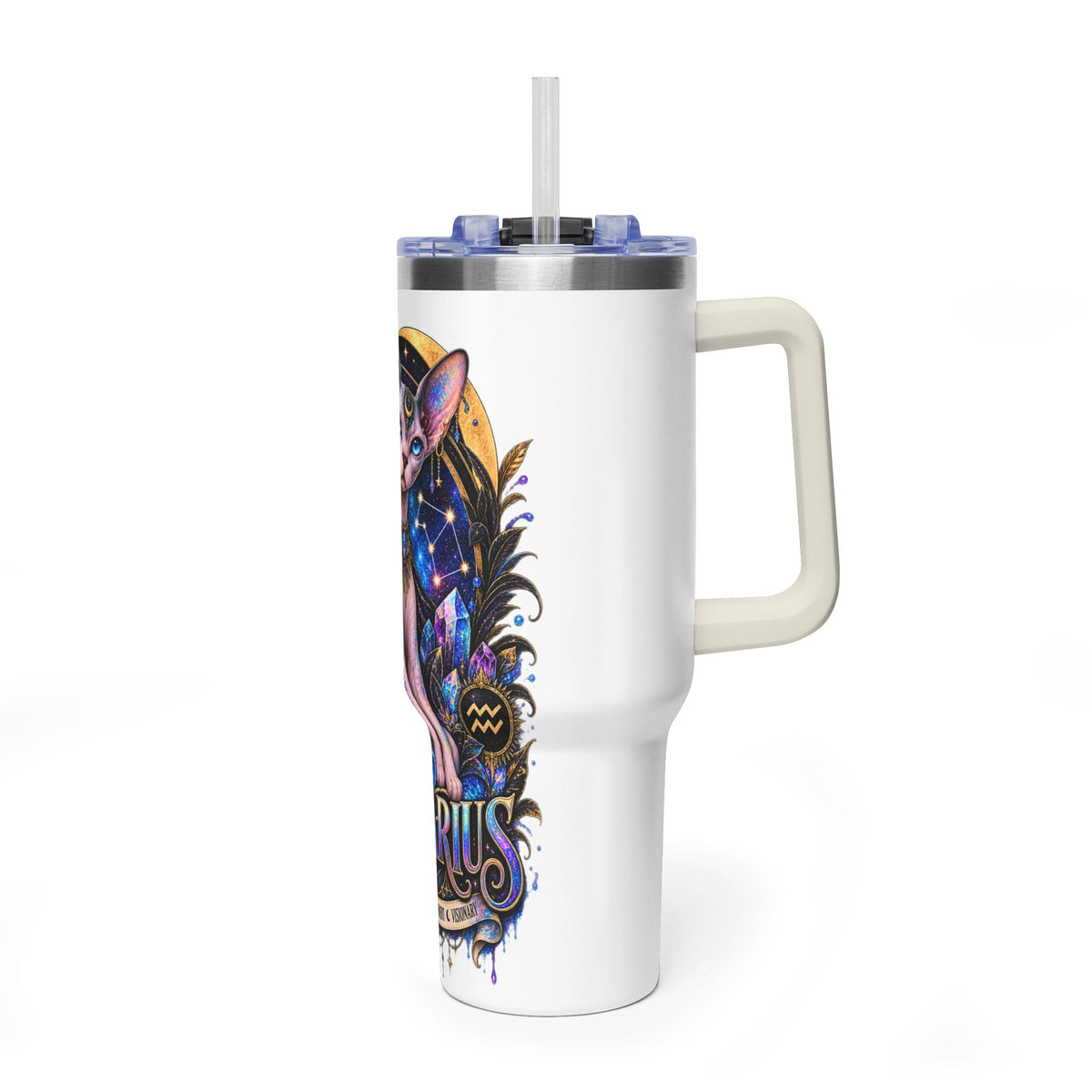 40oz Aquarius Zodiac Tumbler — Sphynx Cat Astrology Vacuum Thermal Cup