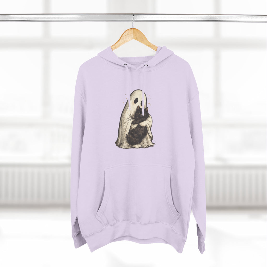 Ghost Hugging Black Cat Fleece Hoodie — Cute Ghost Hugging Black Cat Cozy Pullover