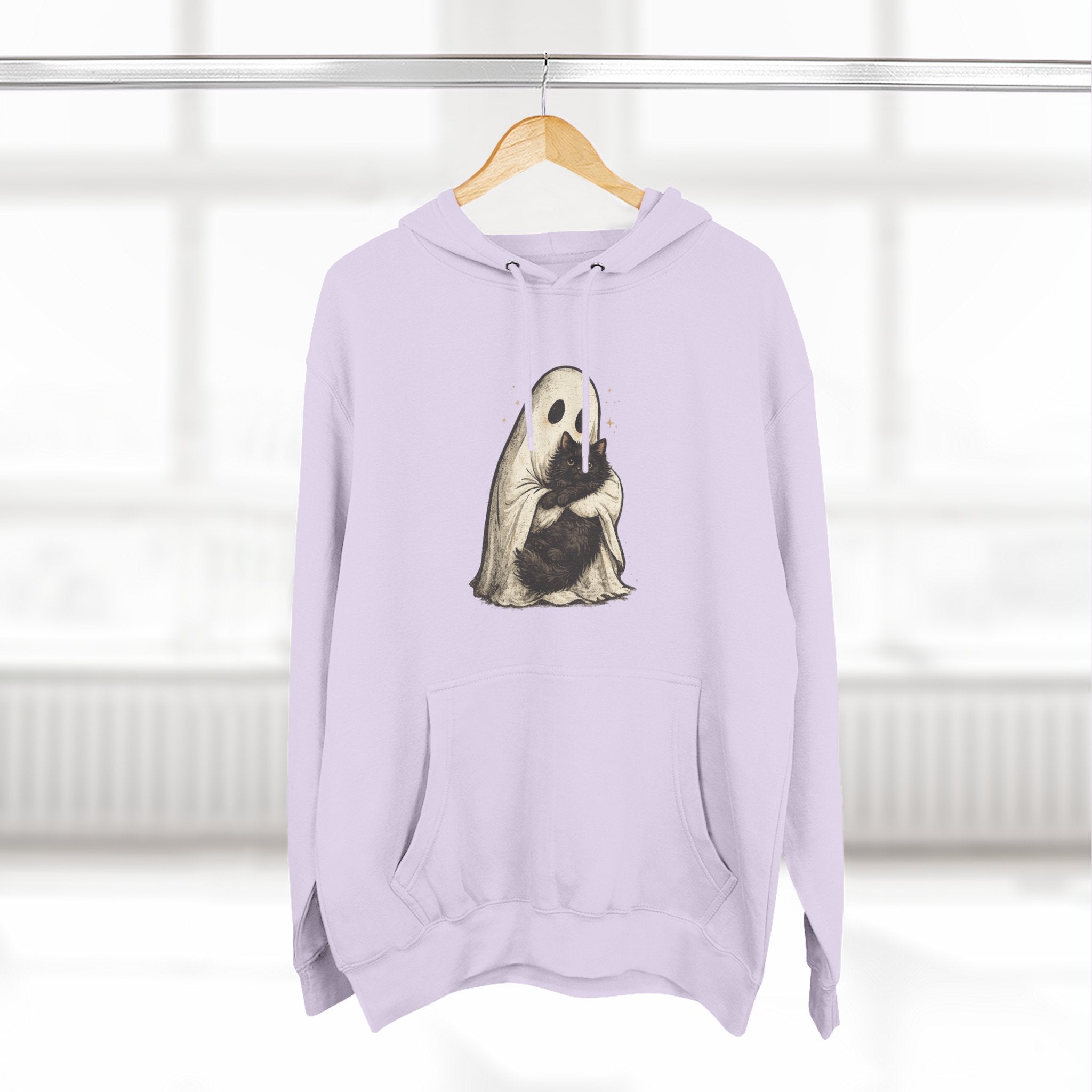 Ghost Hugging Black Cat Fleece Hoodie — Cute Ghost Hugging Black Cat Cozy Pullover
