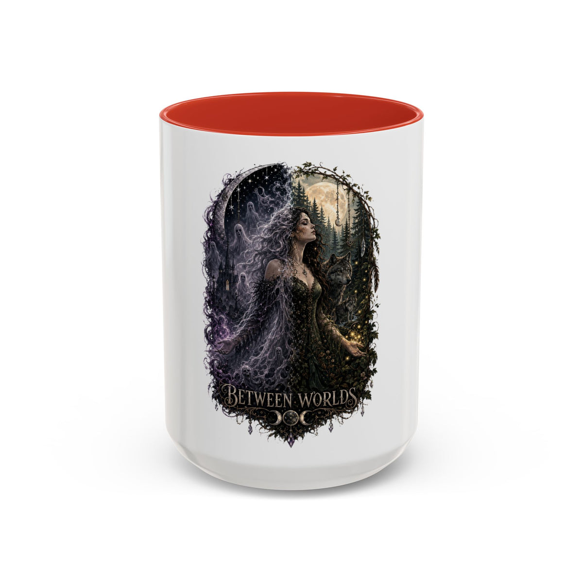 Between Worlds Accent Coffee Mug — Gothic Fantasy Witch Illustration (11/15oz)