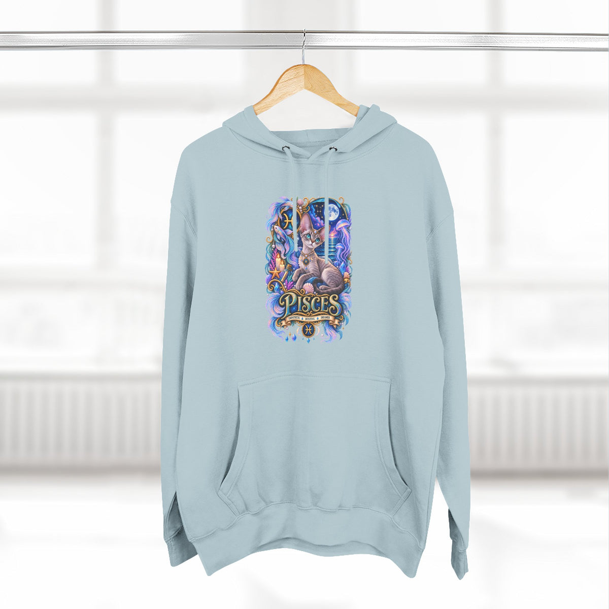 Pisces Zodiac Devon Rex Cat Hoodie — Mystical Watercolor Fish Astrology Pullover