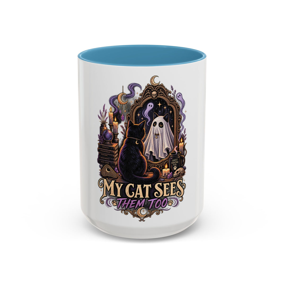My Cat Sees Them Too Accent Coffee Mug – Halloween Cat & Ghost 11/15oz