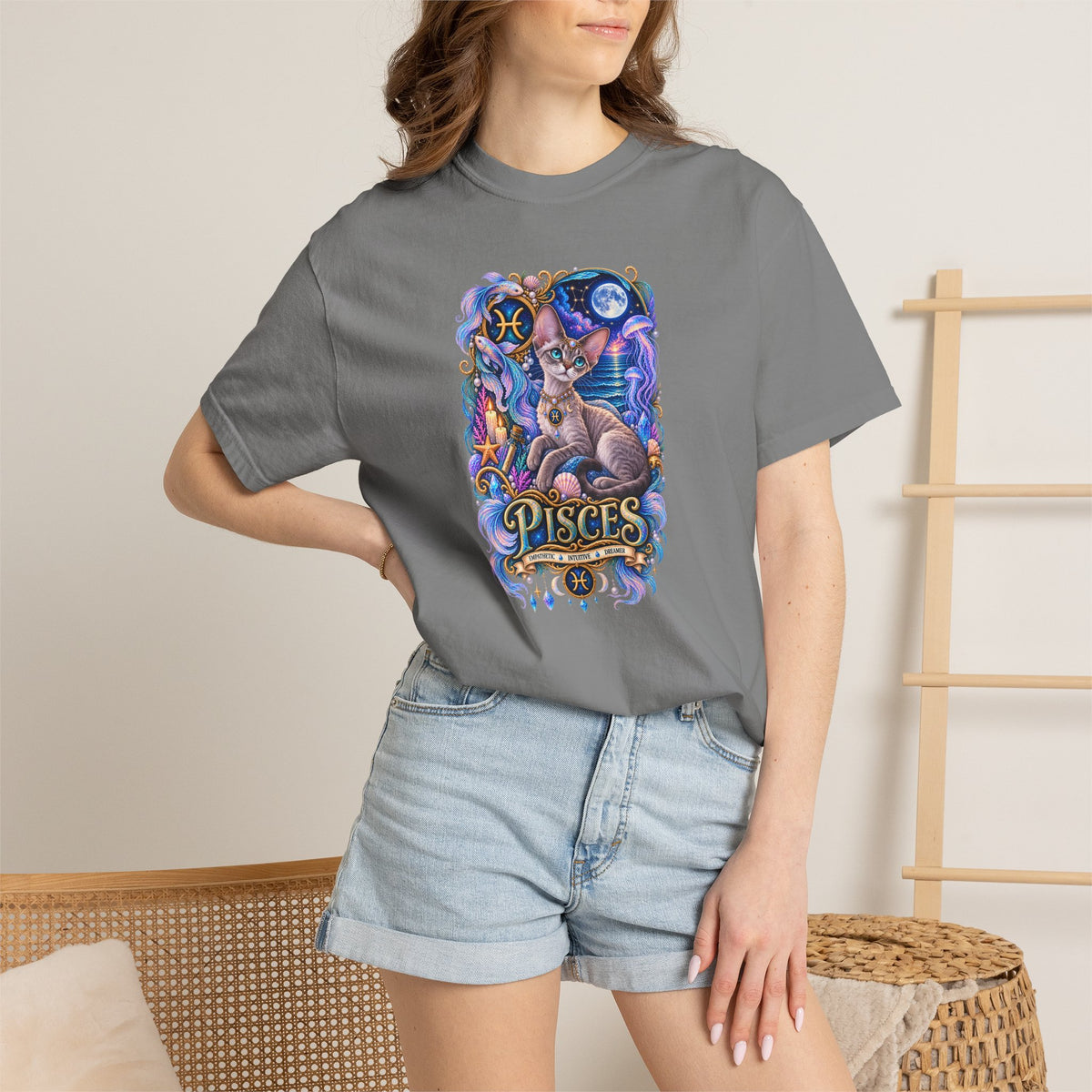 Pisces Devon Rex Cat Zodiac T-Shirt — Mystical Cat Astrology Tee