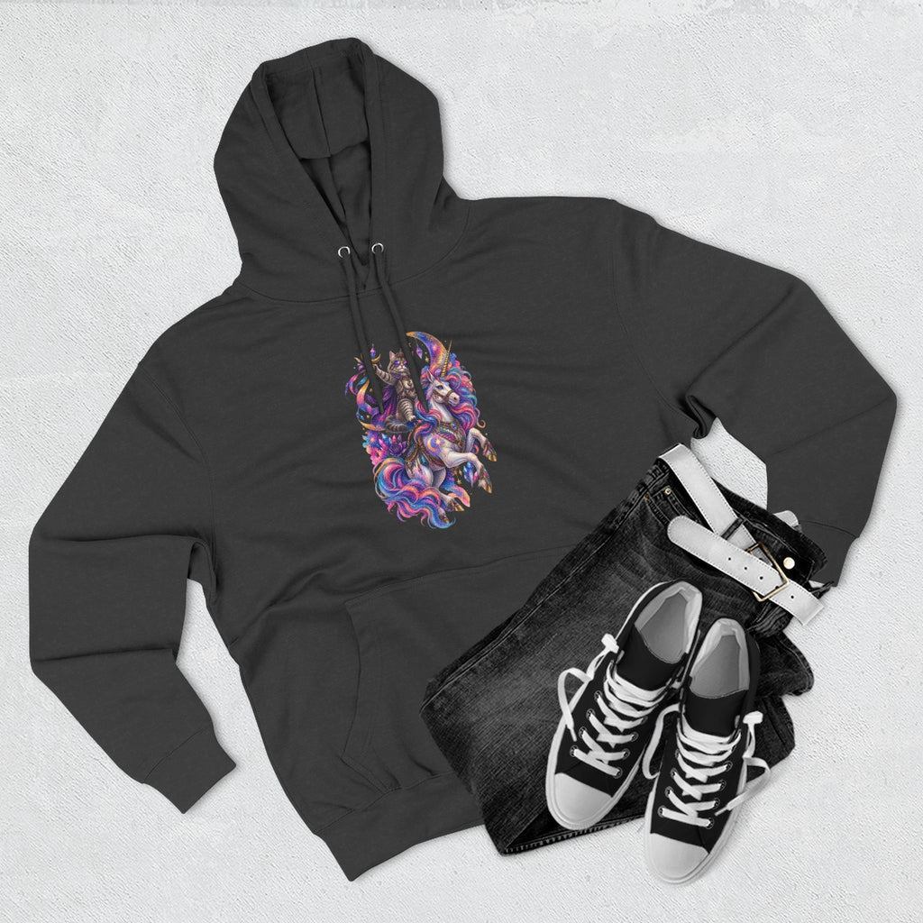 Colorful Cosmic Cat Riding a Unicorn — Vibrant Nebula Graphic Pullover