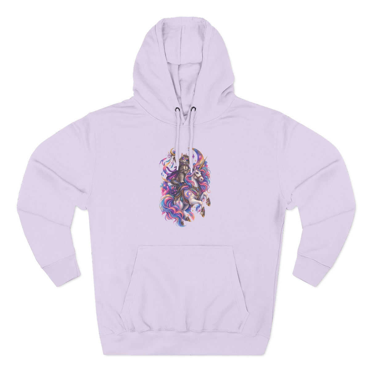 Colorful Cosmic Cat Riding a Unicorn — Vibrant Nebula Graphic Pullover