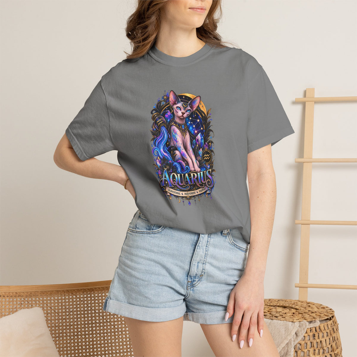 Aquarius Sphynx Cat Zodiac Tee- Celestial Astrology cat lover T-shirt