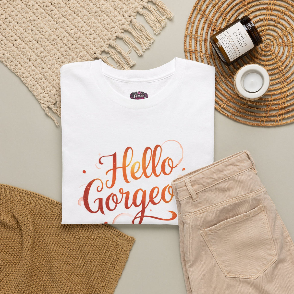 Hello Gorgeous Sunset T-Shirt — Feminine Script Graphic Tee