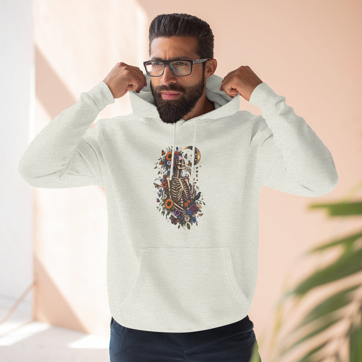 Skeleton Moon Floral Hoodie – Gothic Botanical Graphic Pullover