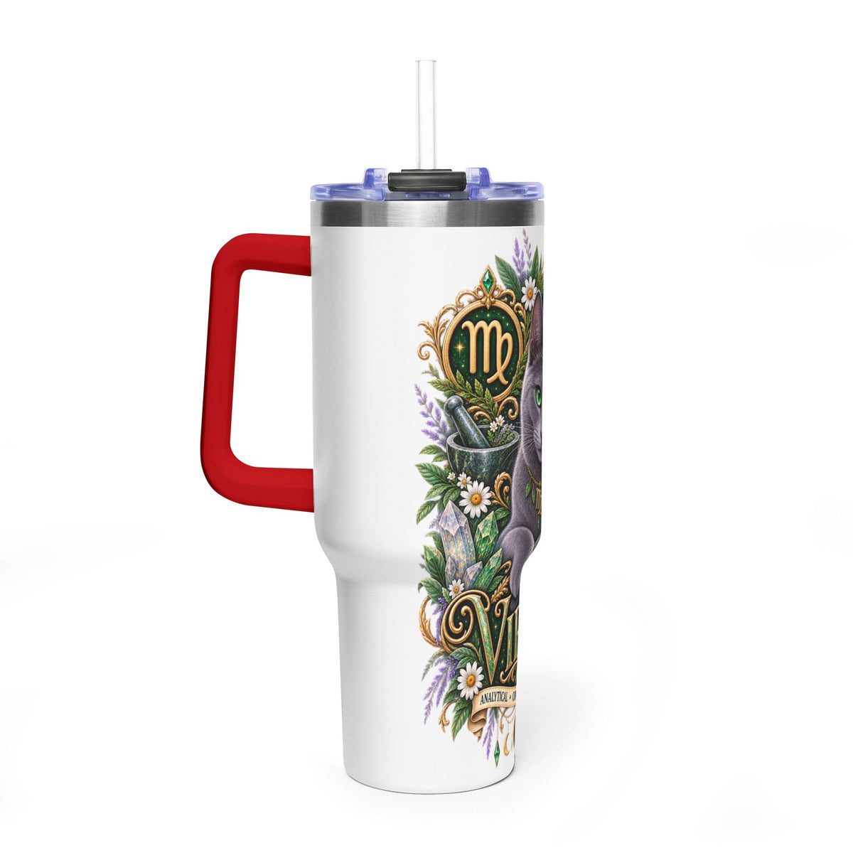 Virgo Cat 40oz Thermal Tumbler — Russian Blue Zodiac Astrology Travel Mug