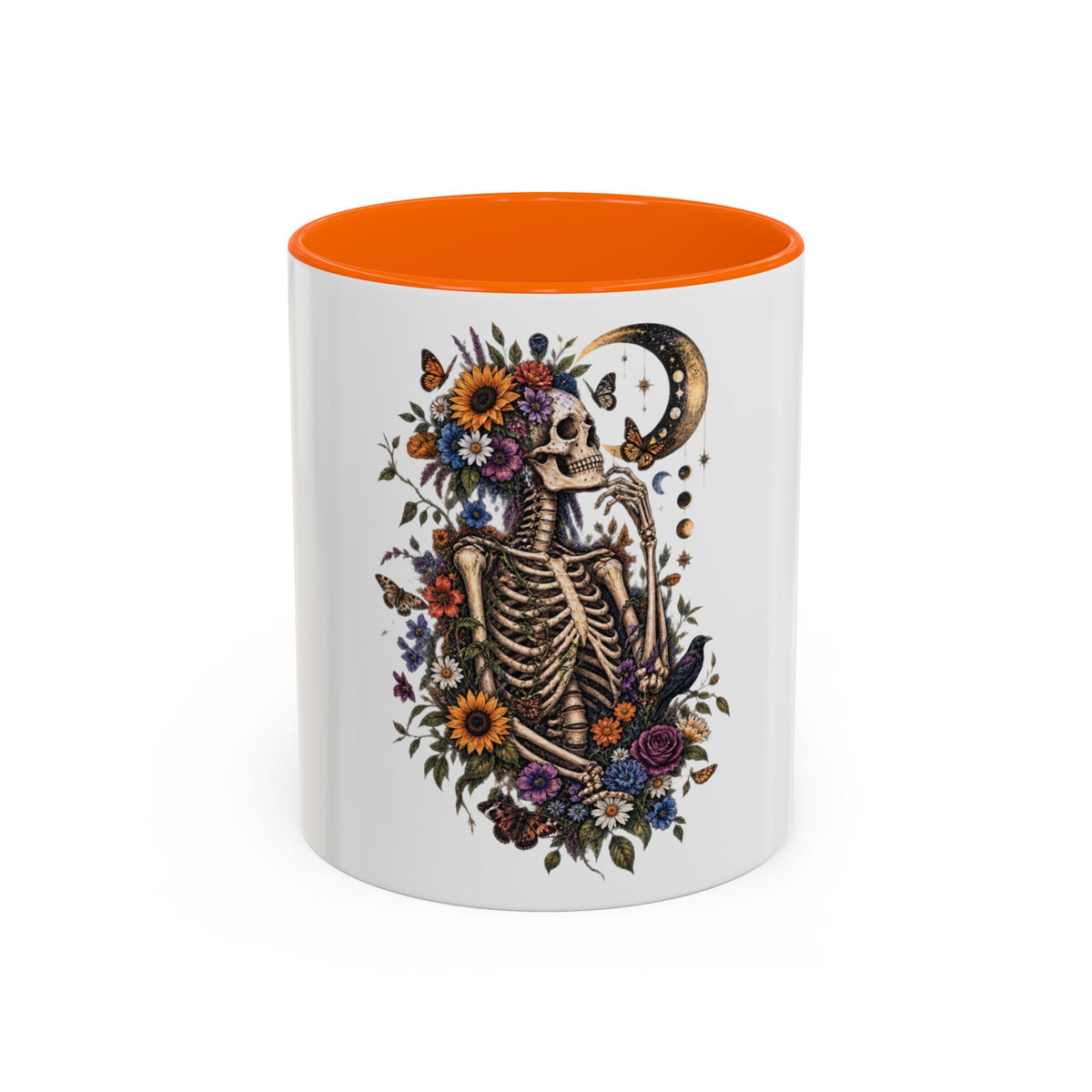 Skull & Moon Floral Coffee Mug — Gothic Botanical Accent Mug