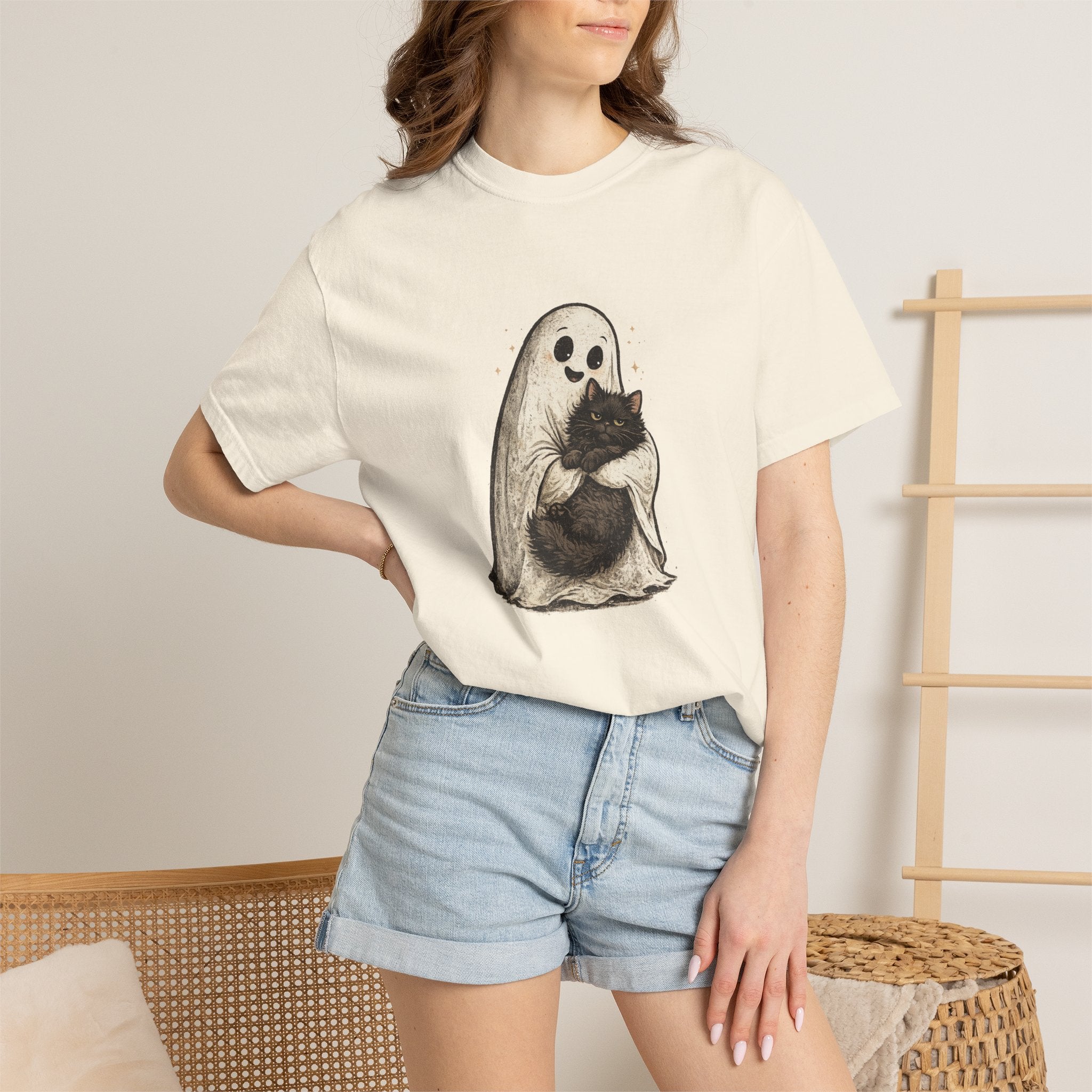 Boo & Meow Ghost Hugging Black Cat T-Shirt | Cute Spooky Tee