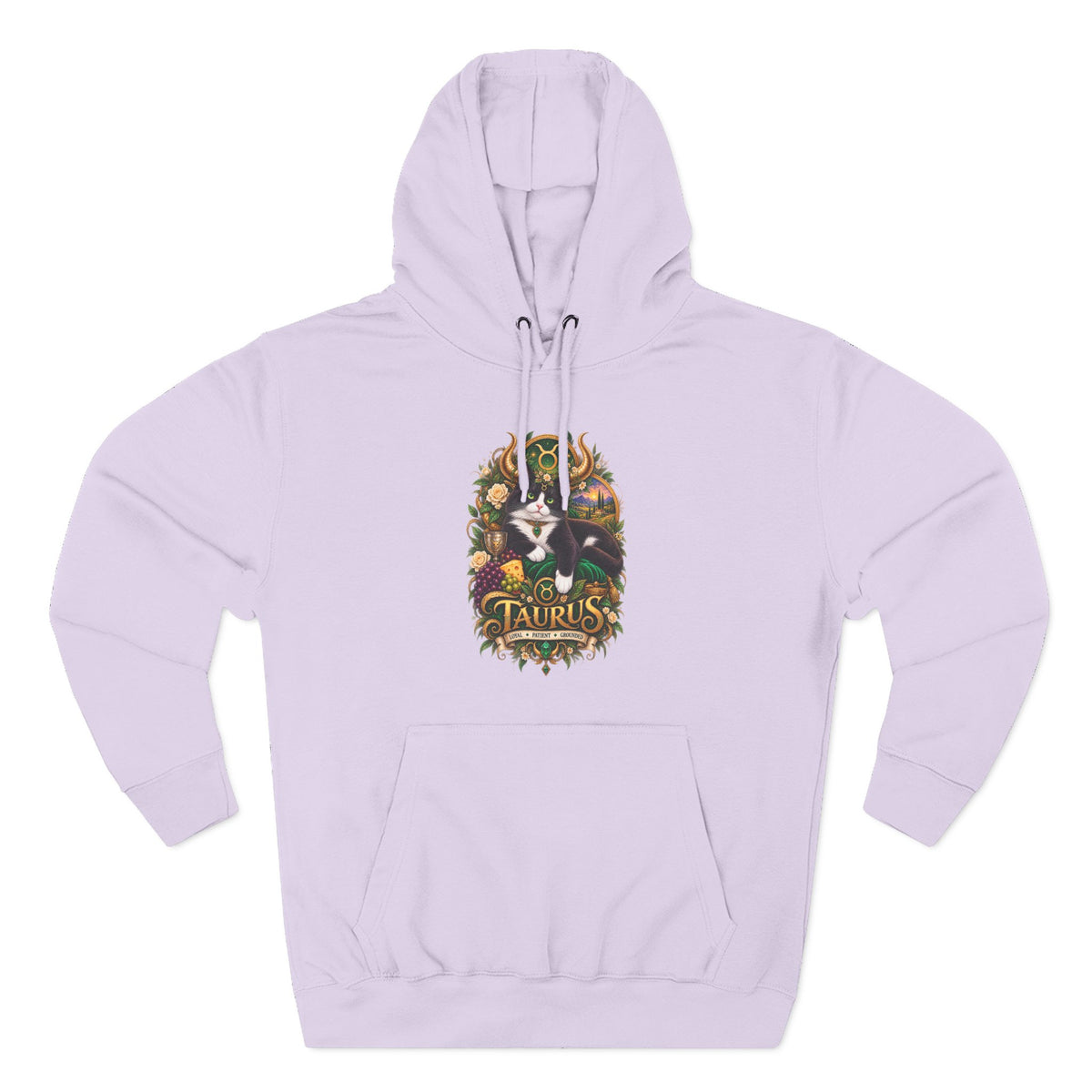 Taurus Tuxedo Cat Zodiac Hoodie — Earthy Bull Constellation Graphic Fleece Pullover